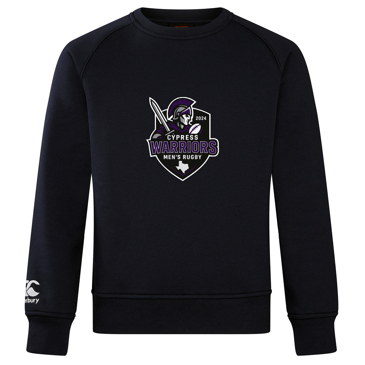 The Cypress Warriors Men's Rugby Club Crew Sweatshirt by WRS Canterbury features an ultra-soft black design, the 2024 team logo on the chest, and an embroidered CCC logo on the left sleeve.
