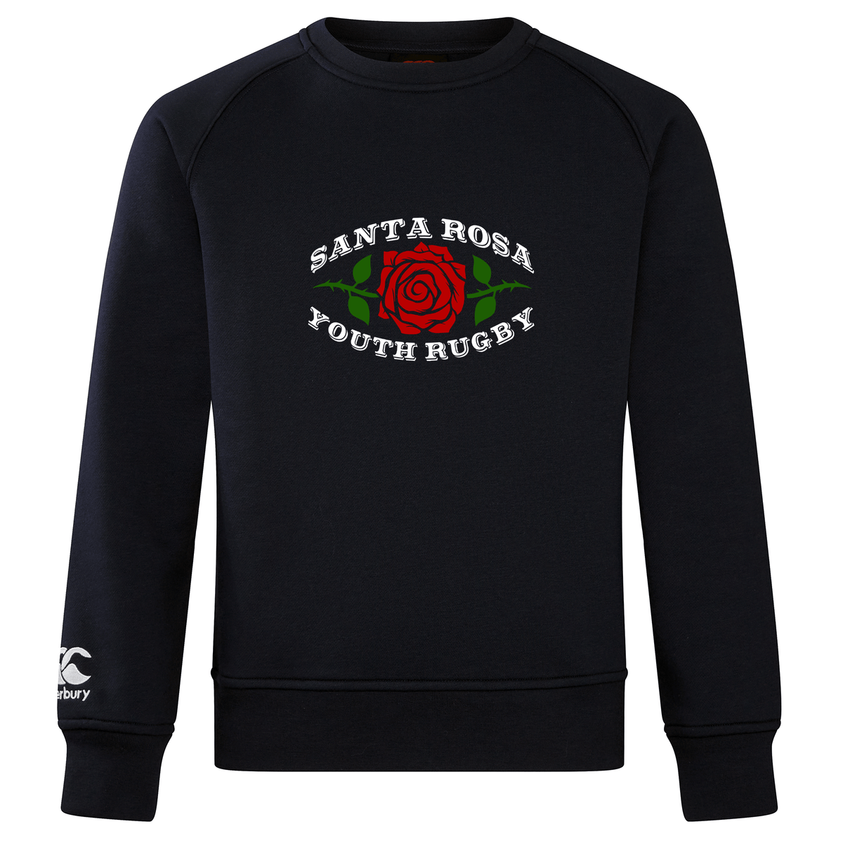 Introducing the Santa Rosa Youth Rugby Club Crew Sweatshirt by WRS Canterbury—a navy blue crewneck featuring “Santa Rosa Youth Rugby” and a red rose graphic on the front, with the iconic embroidered CCC logo on the left sleeve. This ultra-soft sweatshirt blends comfort with classic rugby style.
