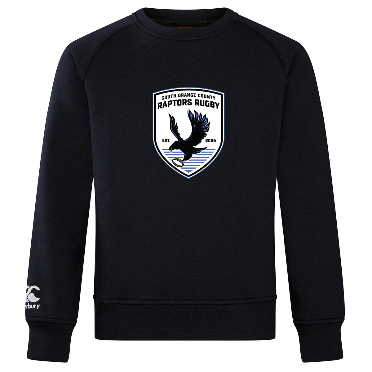 Introducing the South Orange County Raptors Club Crew Sweatshirt by Canterbury—a black crewneck from WRS Canterbury featuring an ultra-soft fabric and a “South Orange County Raptors Rugby” crest with a flying raptor, rugby ball, and “Est. 2005” on the front. Classic style meets comfort with an embroidered CCC logo on the left sleeve.