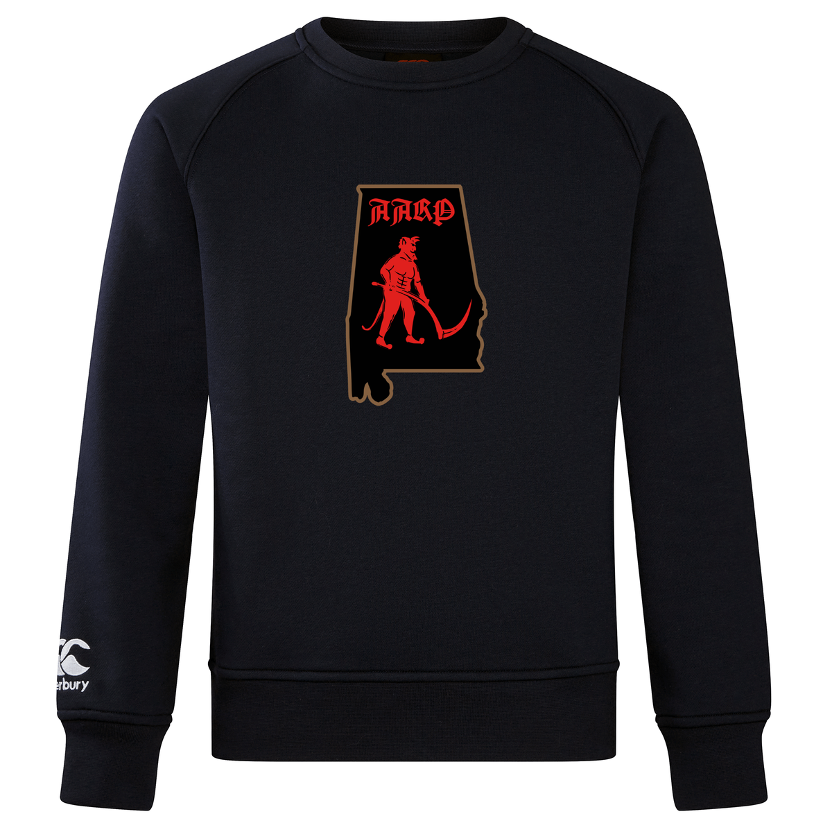 A black Aging Alabama Rugby Players Club Crew Sweatshirt by Canterbury featuring a graphic of the state of Alabama containing a red devil figure holding a scythe and the text “HARD.”.