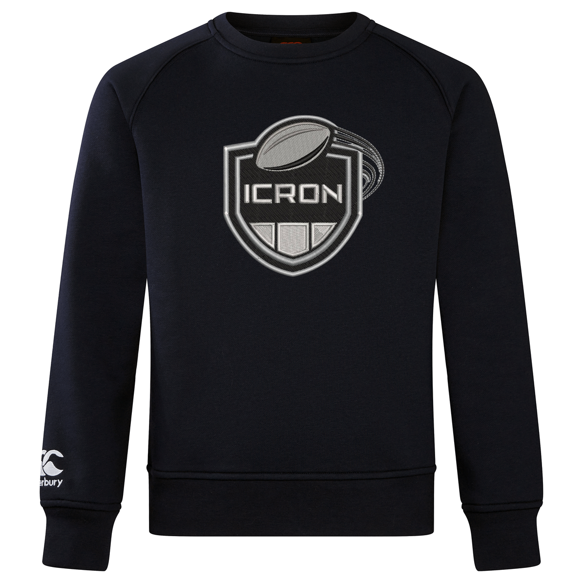 Navy blue ICRON Club Crew Sweatshirt by Canterbury featuring a long-sleeved crew neck and a central shield graphic with a rugby ball.