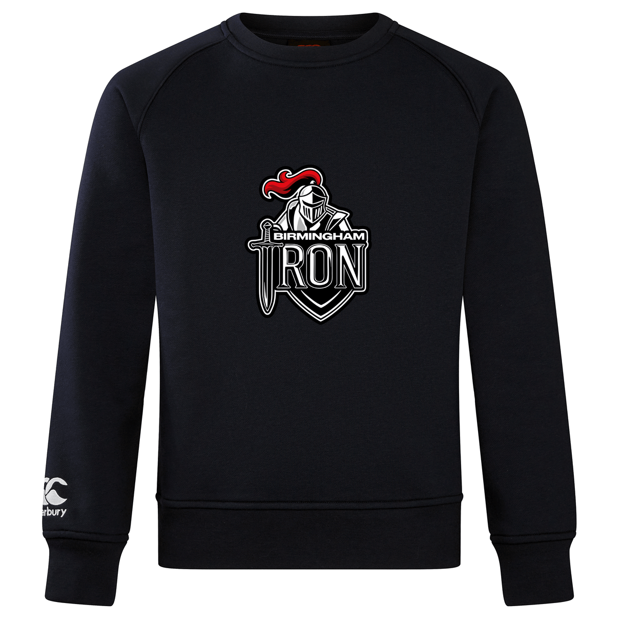 The Birmingham Iron Women's Football Club Crew Sweatshirt by WRS Canterbury features a black design with a knight helmet and sword logo on the chest, ultra-soft feel, and a small embroidered Canterbury logo on the sleeve.