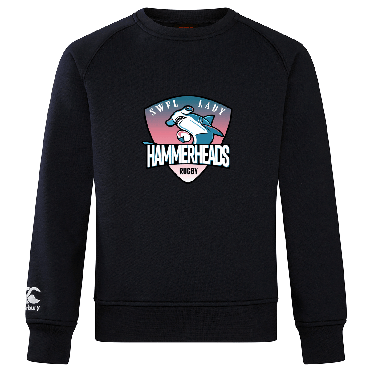 The SWFL Lady Hammerheads Club Crew Sweatshirt by WRS Canterbury is an ultra soft black sweatshirt with the team logo and stylized shark on the chest, plus an embroidered CCC logo on the left sleeve.
