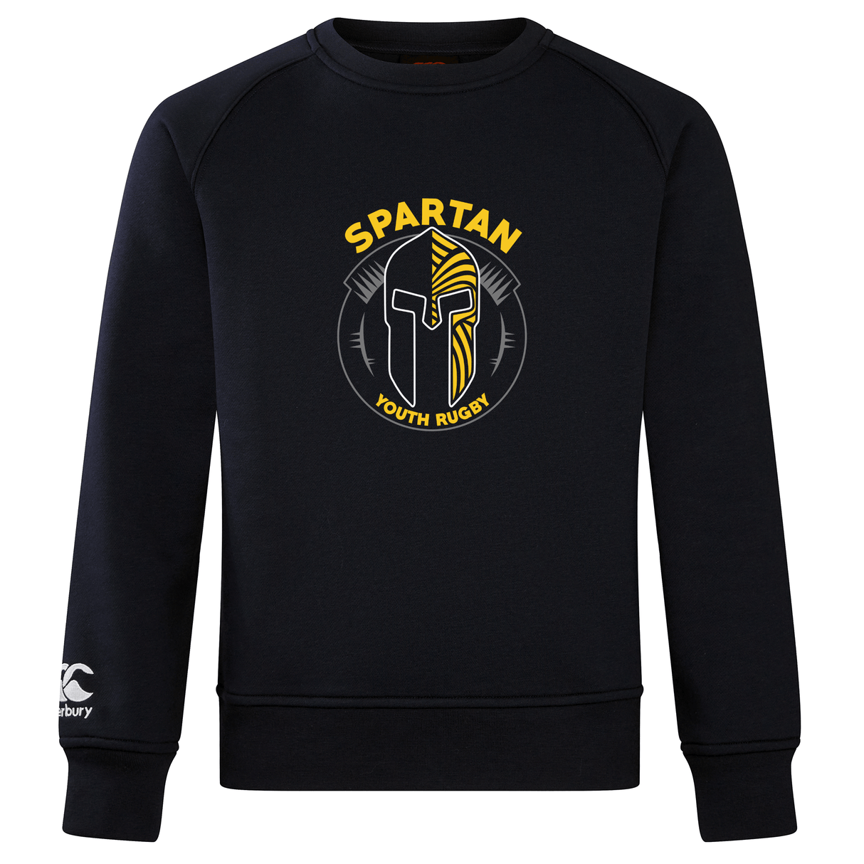 The Spartan Youth Rugby Club Crew Sweatshirt by WRS Canterbury features a Spartan helmet and "SPARTAN Youth Rugby" on the chest, plus an embroidered CCC logo on the left sleeve.