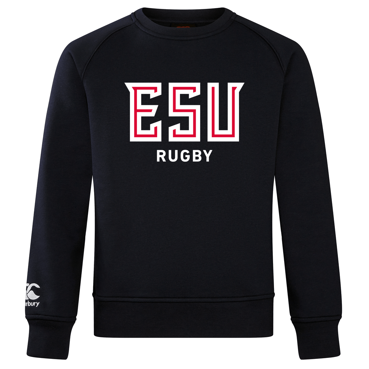 The East Stroudsburg University Club Crew Sweatshirt by WRS Canterbury is a black ultra soft sweatshirt featuring "ESU RUGBY" in bold white and red on the front and a small Canterbury logo on the left sleeve.