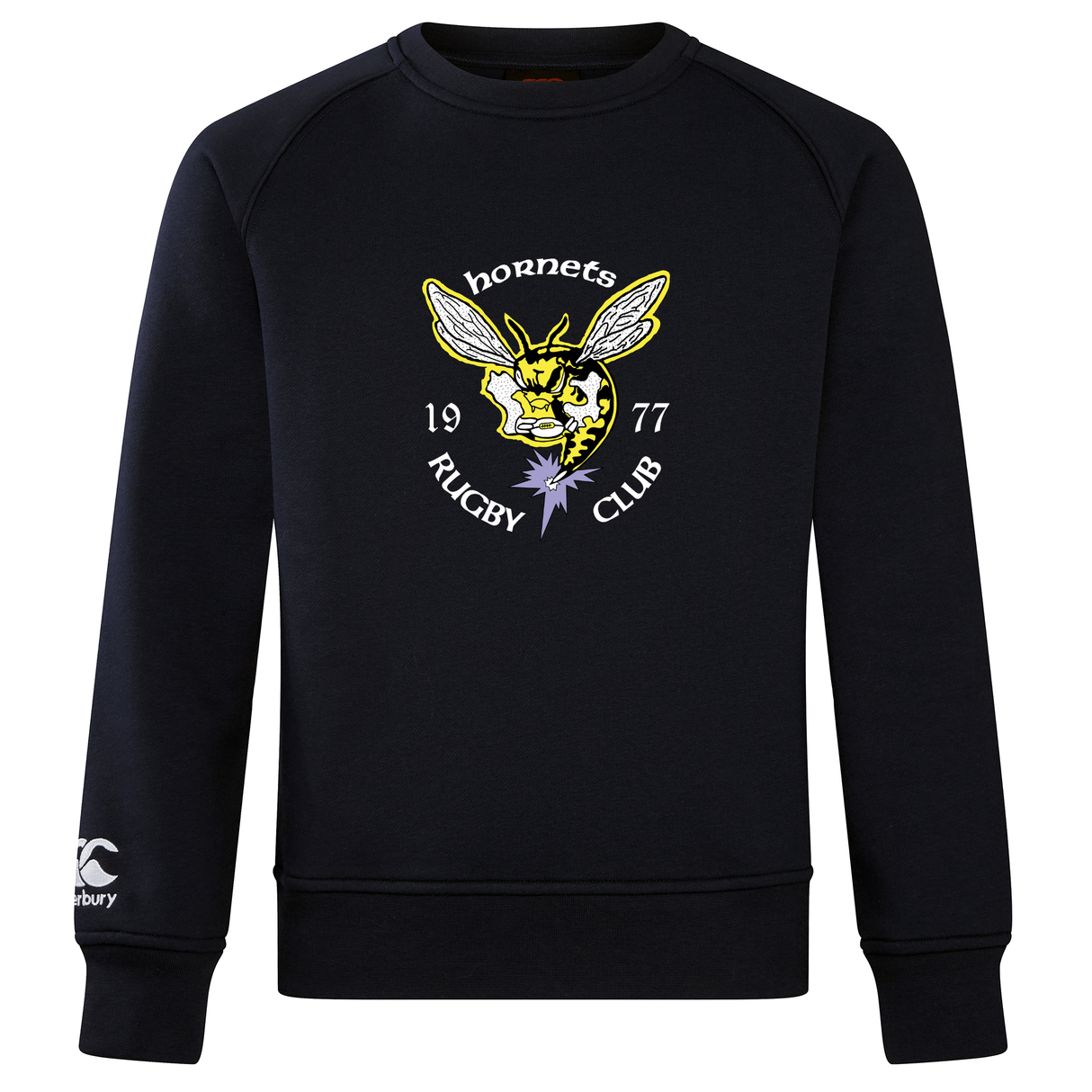 The Hornets Rugby Club 1977 Club Crew Sweatshirt by Canterbury, from WRS Canterbury, is a black crew sweatshirt featuring a yellow hornet graphic and "hornets 1977 RUGBY CLUB" text on the front, along with an embroidered CCC logo on the left sleeve. Designed as an ultra soft sweatshirt for everyday comfort.