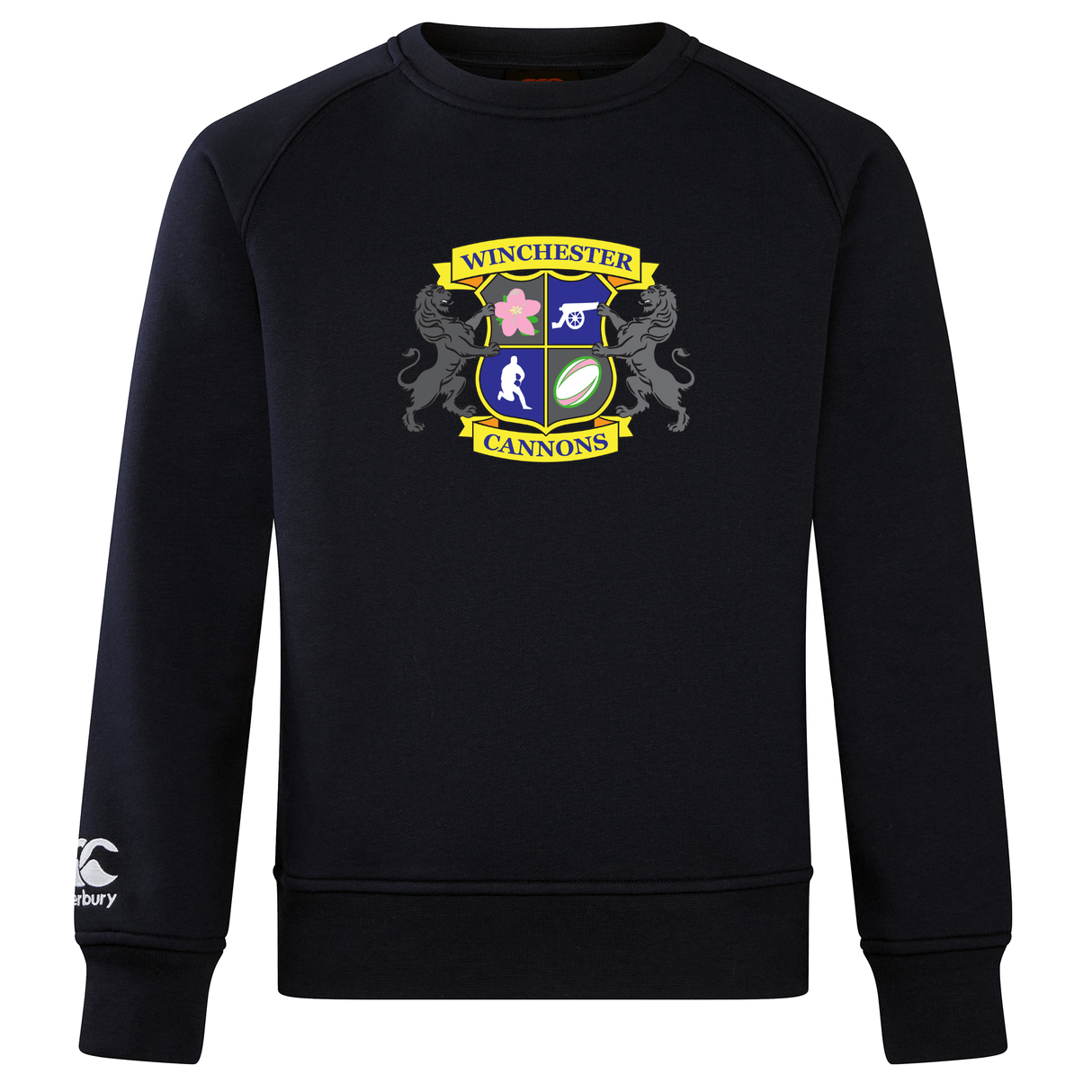 The Winchester Cannons Club Crew Sweatshirt by WRS Canterbury is a navy blue ultra-soft sweatshirt with a multicolored crest on the front and an embroidered CCC logo on the left sleeve, combining comfort and style.