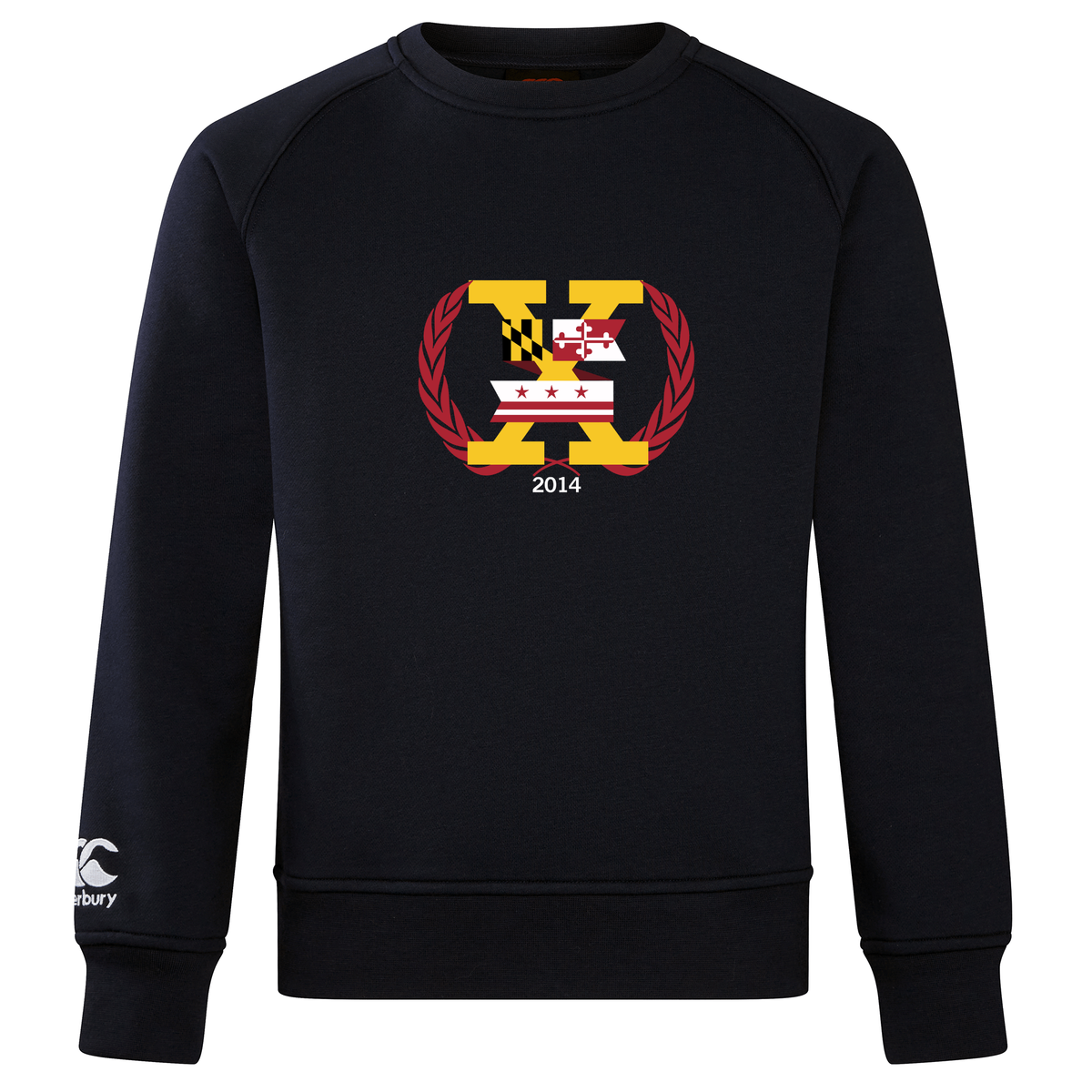A black Potomac Exiles Rugby Club Club Crew Sweatshirt by Canterbury, from WRS Canterbury, featuring a large embroidered "K" logo on the chest adorned with Maryland and Washington, D.C. flag motifs, a red laurel wreath, "2014," and a small Canterbury logo on the left sleeve. This ultra-soft sweatshirt seamlessly blends distinctive regional pride with premium comfort in every detail.
