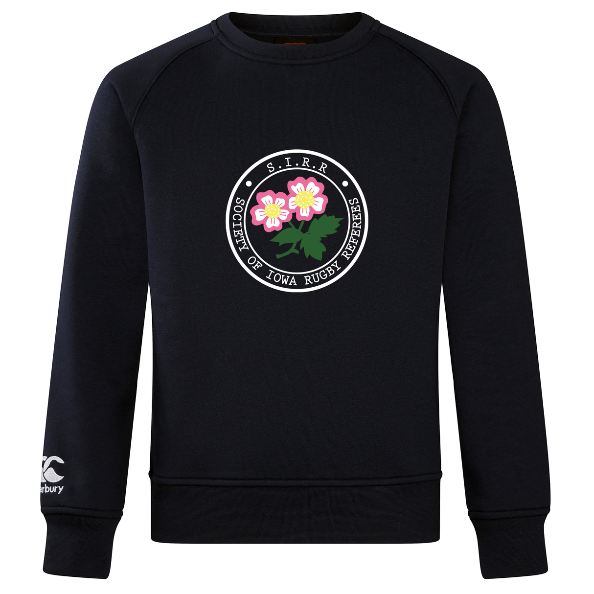 The Society of Iowa Rugby Referees Club Crew Sweatshirt by Canterbury, from WRS Canterbury, features a black design with a circular “Society of Iowa Rugby Referees” logo adorned with pink flowers on the chest and an embroidered white CCC logo on the left sleeve. This ultra-soft sweatshirt blends comfort and style, making it a standout choice for any rugby supporter.