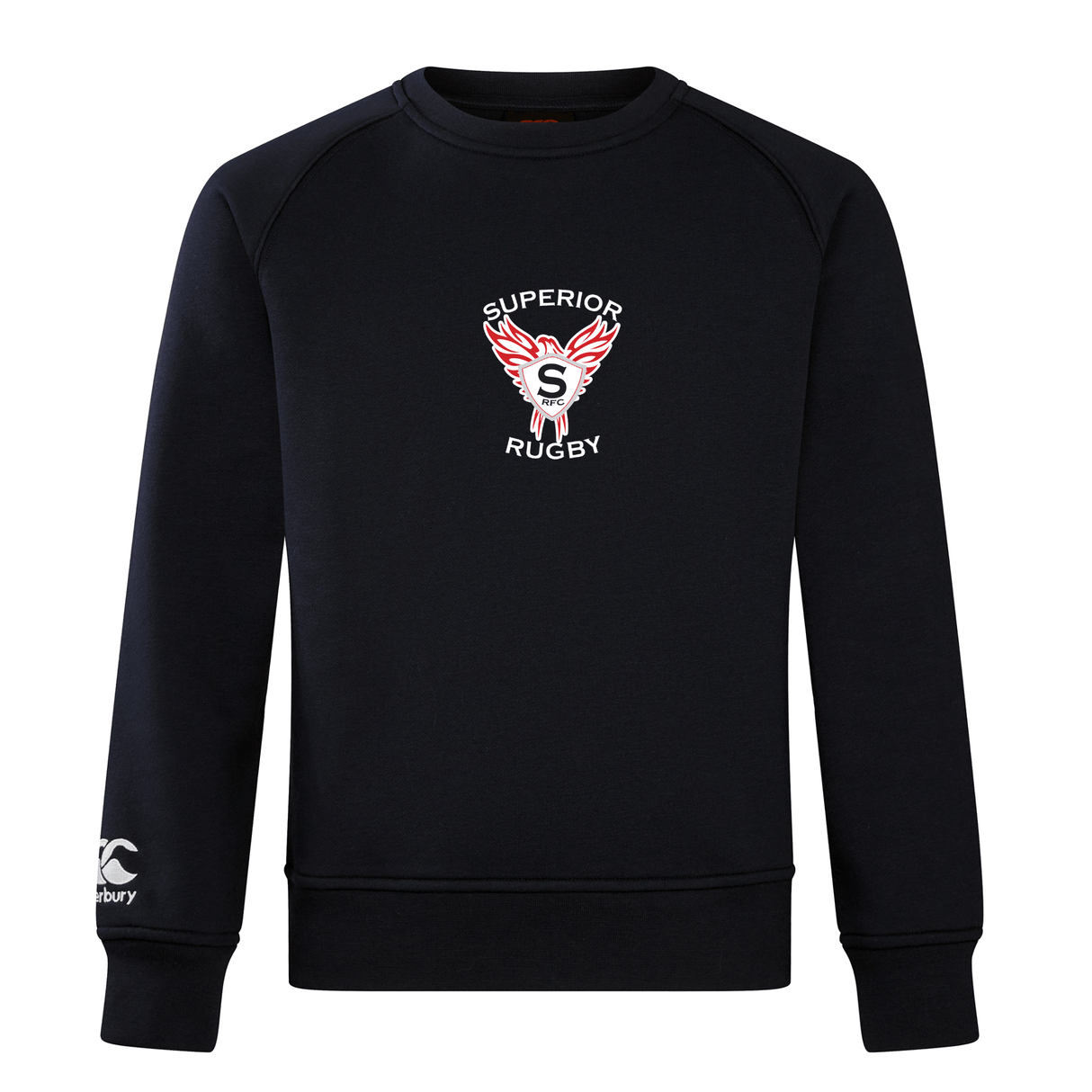 The Superior Rugby Club Club Crew Sweatshirt by WRS Canterbury is a black crew with "Superior Rugby" and a winged "S" on the chest, ultra-soft fabric, and an embroidered CCC logo on the left sleeve.