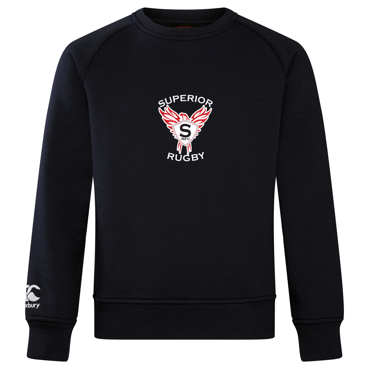 The Superior Rugby Club Crew Sweatshirt by WRS Canterbury is a black ultra-soft sweatshirt featuring "Superior Rugby" with a winged "S" on the chest and a small embroidered Canterbury logo on the sleeve, blending classic style and premium comfort.