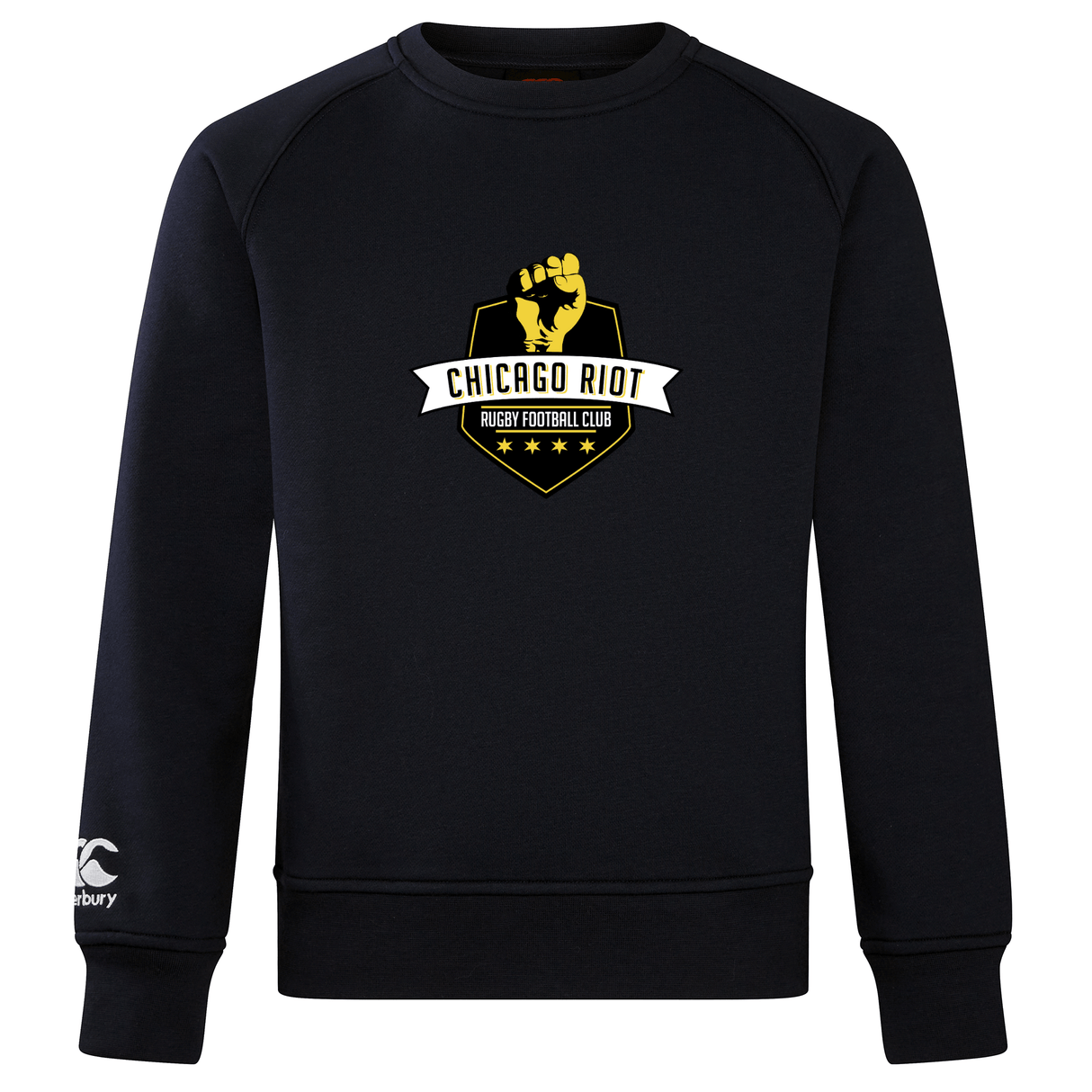 The Chicago Riot Club Crew Sweatshirt by WRS Canterbury is a black ultra-soft sweatshirt with the "Chicago Riot Rugby Football Club" fist and stars logo on the front and a small embroidered Canterbury logo on the left sleeve.