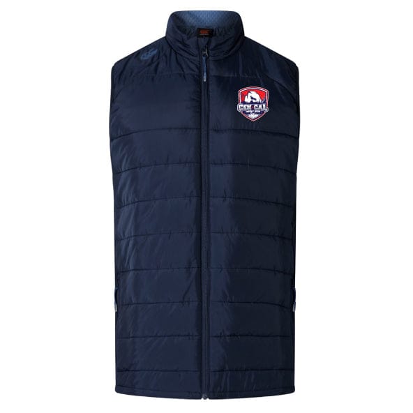 The CenCal Rugby Women's Elite Microlite Gilet by EMB Canterbury features a navy blue quilted insulated fleece design, zip front, and a "Nor Cal Premier Soccer" logo patch on the upper left chest.