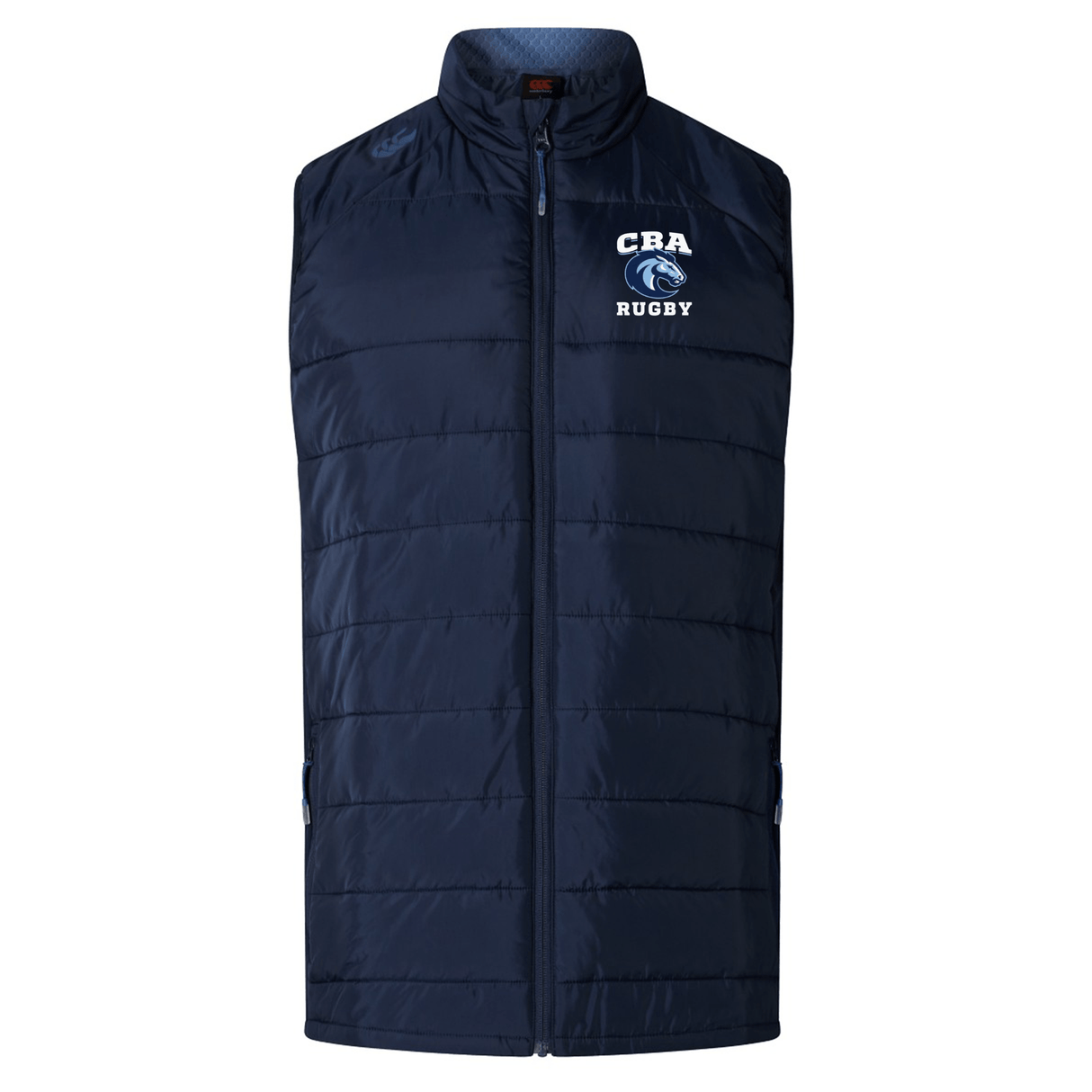 Navy Elite Microlite Gilet by EMB Canterbury with "CBA Rugby" and a rugby ball logo on the chest. Features include insulated baffles and a full zipper to keep you warm.