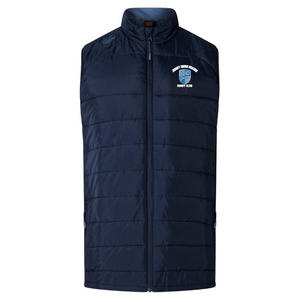 Jersey Shore Sharks Women's Elite Microlite Gilet by Canterbury, in navy blue with a zip closure, includes insulated baffles and a small logo on the upper left side.