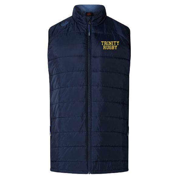 This Trinity College Women's Elite Microlite Gilet by Canterbury in navy blue features insulated baffles and a full front zipper. "TRINITY RUGBY" is printed in yellow on the left chest, adding a vibrant touch to this sleeveless, padded vest.