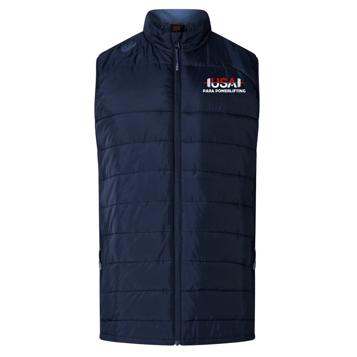 The EMB Canterbury USA Para Powerlifting Elite Microlite Gilet is a sleeveless navy blue vest with front zipper, lightweight padding, and the "USA Para Powerlifting" logo on the left chest for style and comfort.