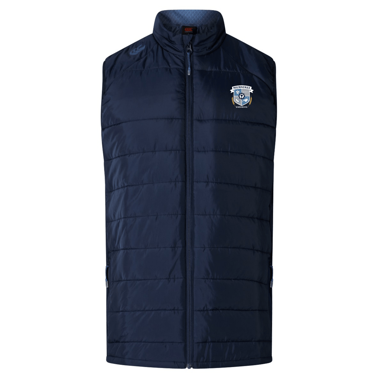 The Milwaukee Barbarians Rugby Elite Microlite Gilet by EMB Canterbury features a front zipper, crest logo on the left chest, and lightweight padded design for warmth and style on any occasion.