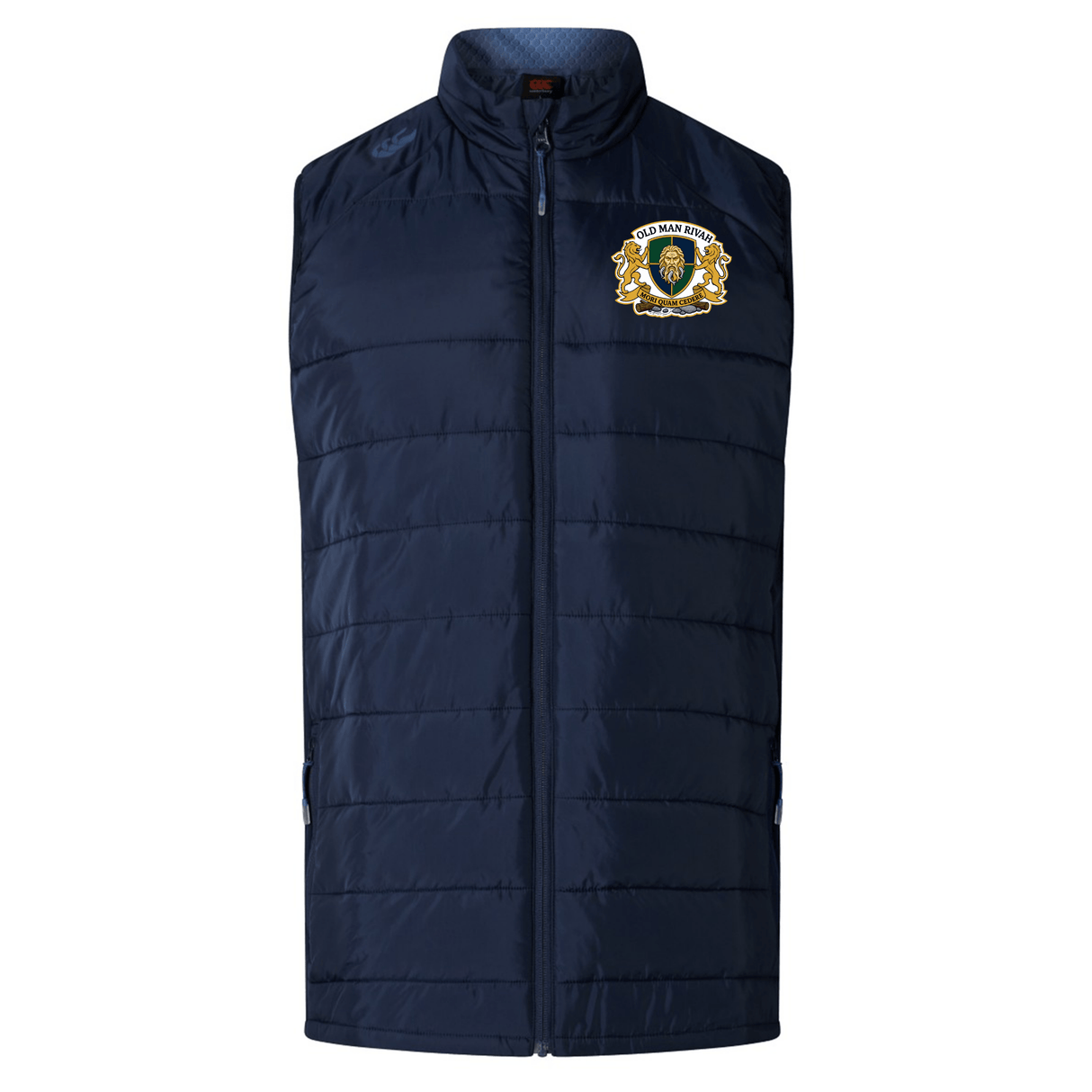 The Old Man Rivah Rugby Elite Microlite Gilet by EMB Canterbury is a navy blue, lightweight padded vest featuring a zip front and a gold and white crest logo on the left chest for stylish warmth.
