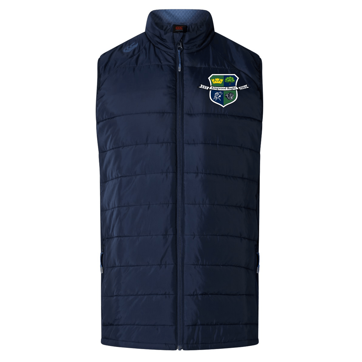 The Kingwood Rugby Elite Microlite Gilet by EMB Canterbury is a navy insulated vest with a zip front and multicolored embroidered crest on the chest, designed for lightweight warmth and versatile wear.