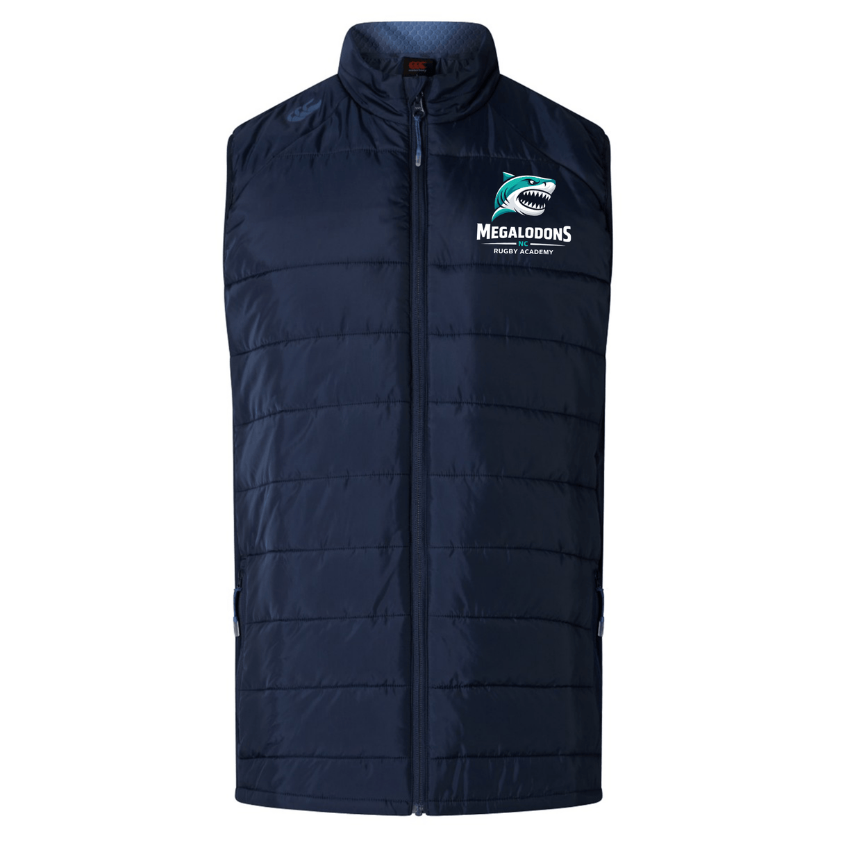 The EMB Canterbury NC Rugby Academy - Megalodons Elite Microlite Gilet by Canterbury is a navy blue lightweight padded vest with a zip front, stand collar, and Megalodons Rugby Academy logo on the left chest.