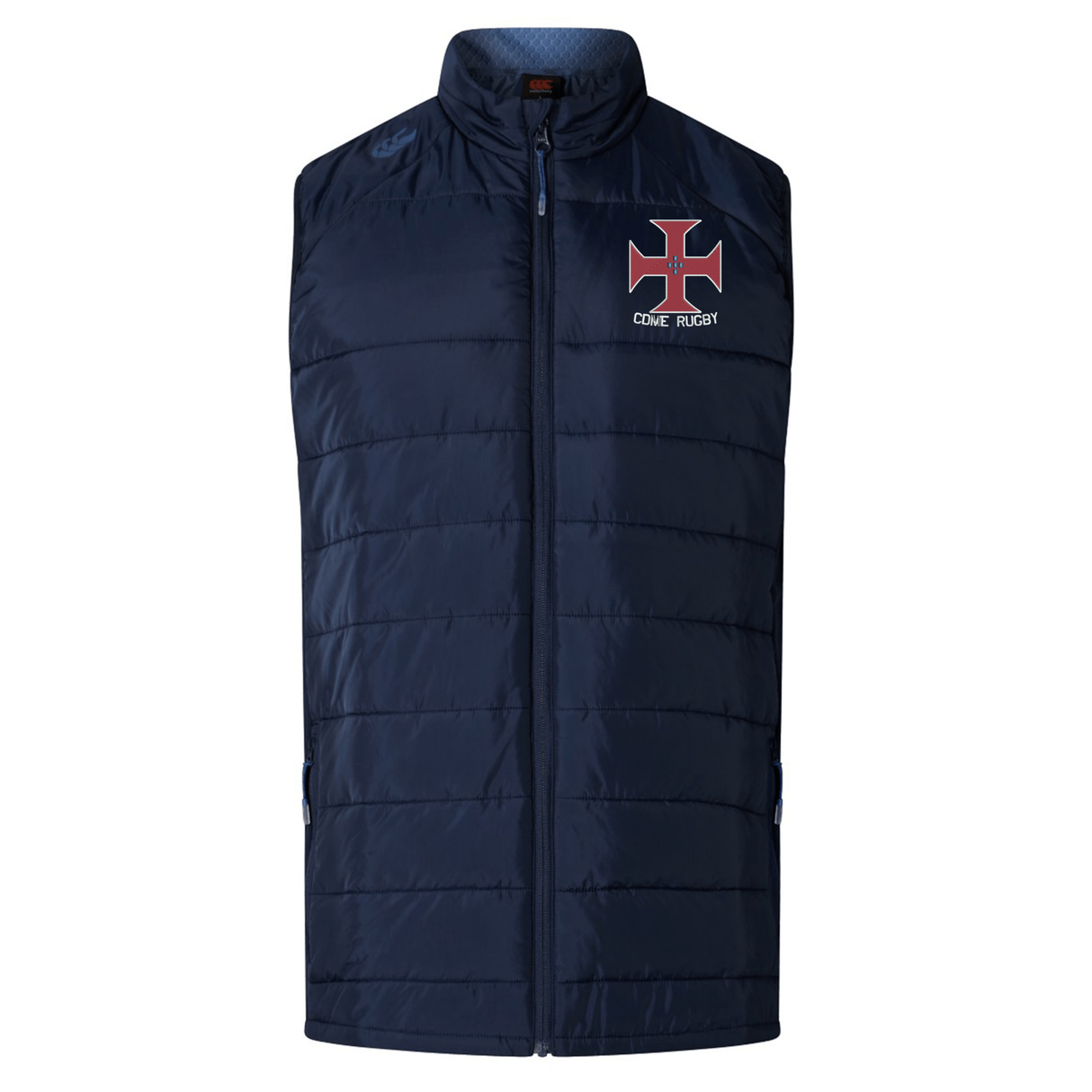 The EMB Canterbury SF CDME Rugby Elite Microlite Gilet is a navy blue sleeveless padded vest featuring a front zipper, a red and white cross emblem with the text "COMÉ RUGBY" on the left chest, and is inspired by the Canterbury Elite Microlite Gilet design to provide exceptional comfort and warmth.
