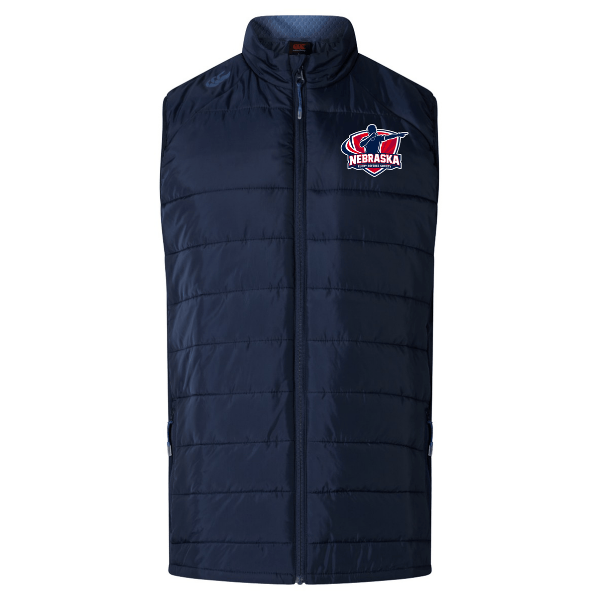 The EMB Canterbury Nebraska Rugby Referee Society Elite Microlite Gilet features a navy design, front zipper, left chest logo, and lightweight insulation for comfort and style on cooler days.