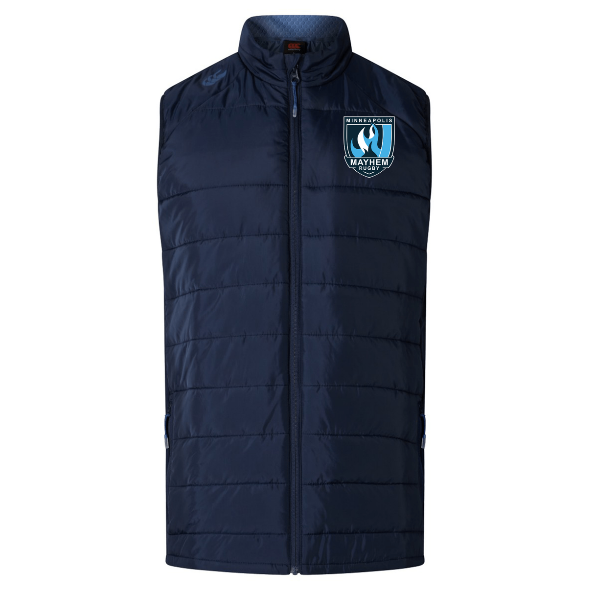 Minneapolis Mayhem Rugby Elite Microlite Gilet by EMB Canterbury in navy blue features a quilted, insulated design with a front zipper and the “Minnesota Mayhem Hockey” logo on the left chest. This lightweight padded gilet offers optimal comfort and is ideal for layering on cooler days.