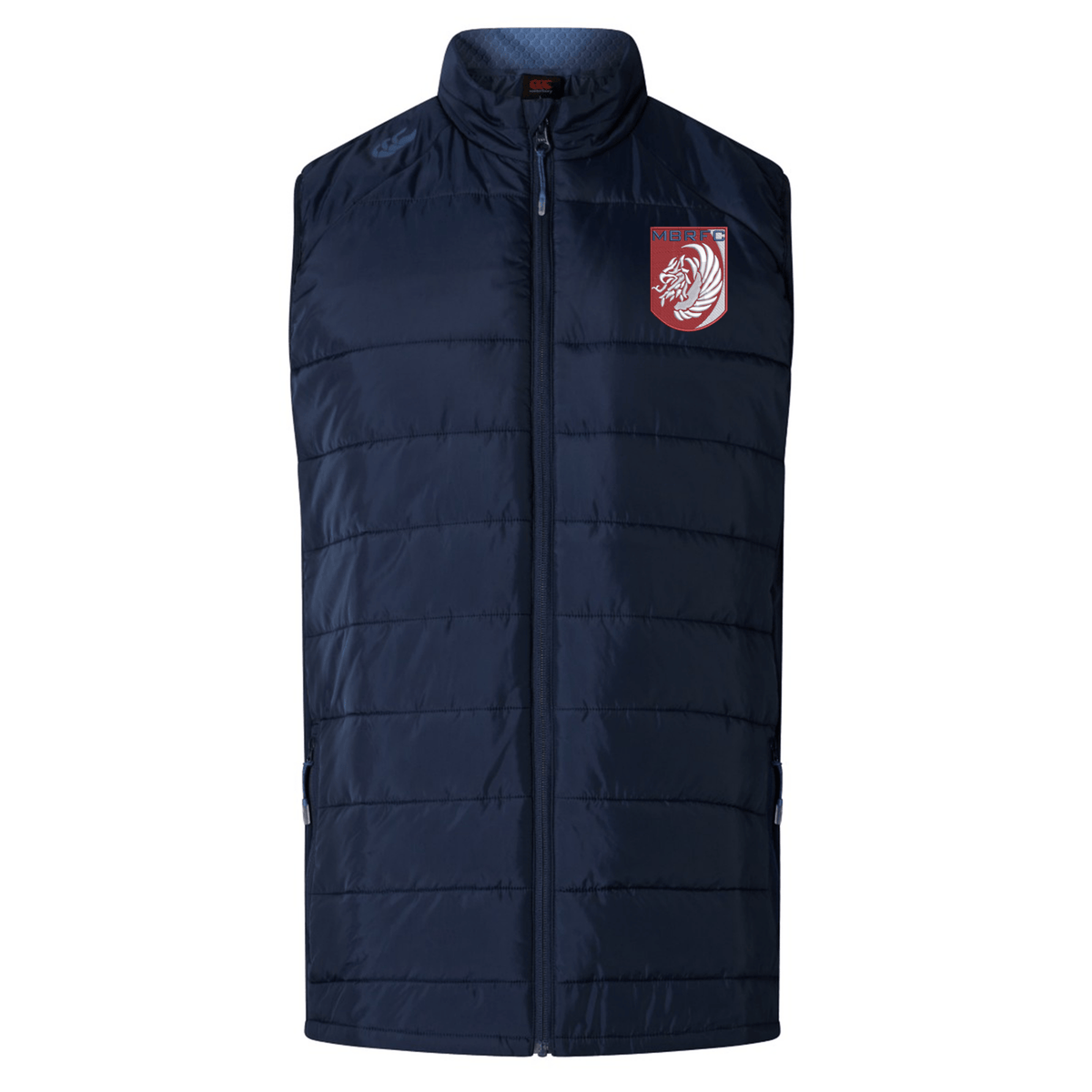 The EMB Canterbury Montgomery Bucks Griffins Elite Microlite Gilet is a navy blue insulated hybrid vest with a front zipper and a red and white lion head crest on the left chest, offering lightweight warmth and style.