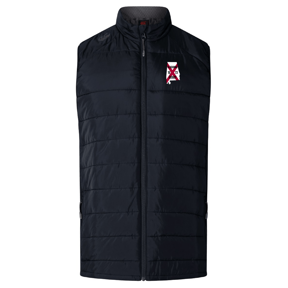 The University of Alabama Rugby Women's Elite Microlite Gilet by EMB Canterbury features a black quilted design with insulated baffles, a high collar, front zipper, and a small embroidered logo on the left chest.