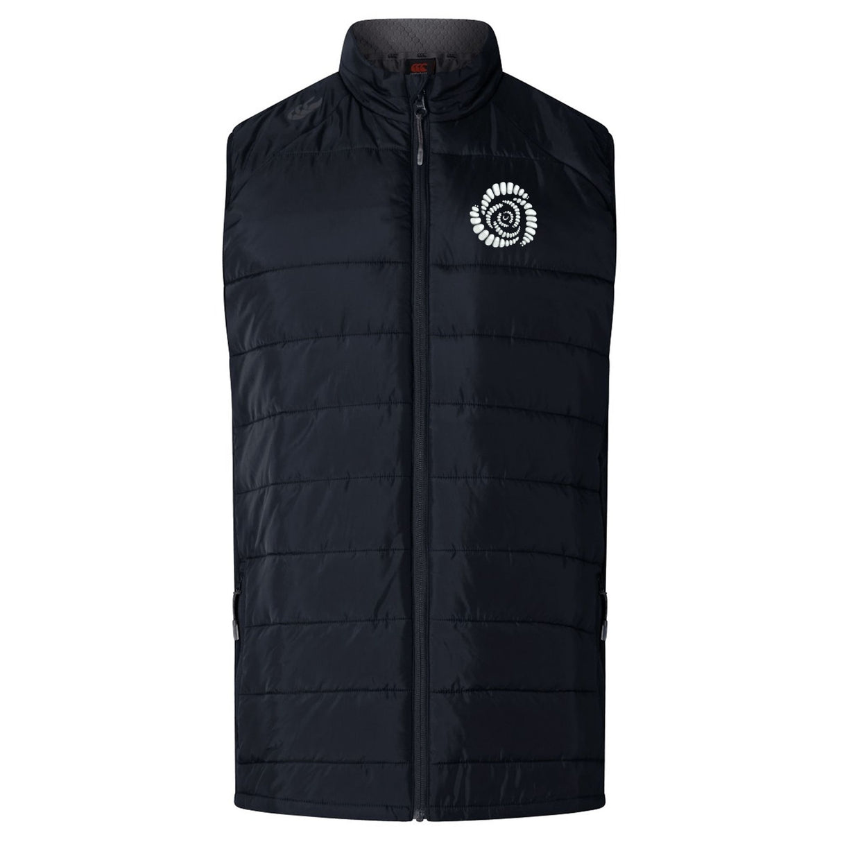 The Missoula All-Maggots Women's Elite Microlite Gilet by EMB Canterbury is a black, quilted, sleeveless vest with a front zipper and high collar. It features a white circular logo on the left chest and is crafted in an insulated fleece style for optimal warmth and comfort.