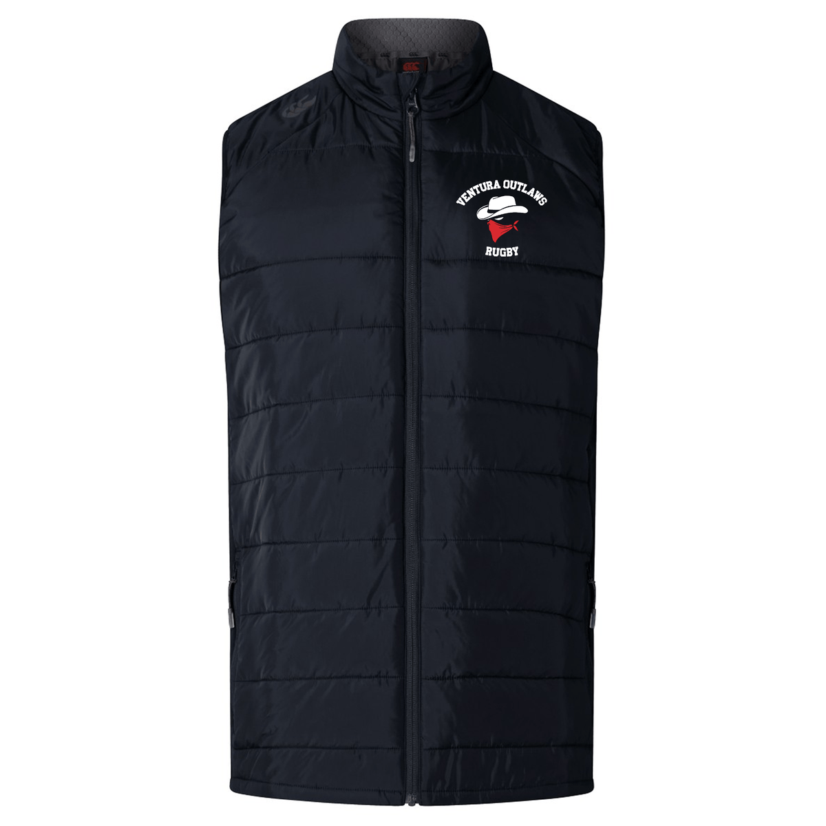 A black, quilted vest with insulated baffles and a front zipper, featuring an embroidered logo on the upper left side that reads "Ventura Outlaws Rugby" and includes a red hat graphic.