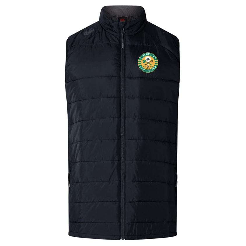 Black Elite Microlite Gilet by EMB Canterbury, part of the Blackthorn Barbarians collection, featuring a logo with crossed tennis rackets and green and yellow accents on the left chest.