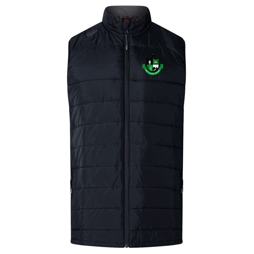 The Eno River Rugby Women's Elite Microlite Gilet by EMB Canterbury is designed with an insulated, padded structure featuring a high collar and front zipper. Enhanced by Thermoreg technology, it displays a chic green and white logo on the left chest to ensure optimal warmth throughout.