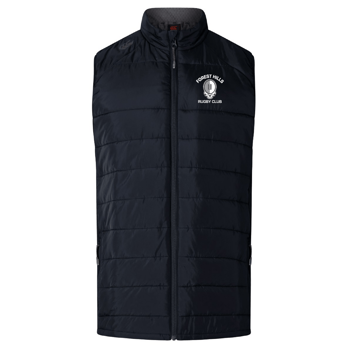 The Forest Hills Rugby Women's Elite Microlite Gilet by Canterbury features insulated baffles, a front zipper, and the "Forest Hills Rugby Club" logo on the left chest. Brand: EMB Canterbury. Color: Black.
