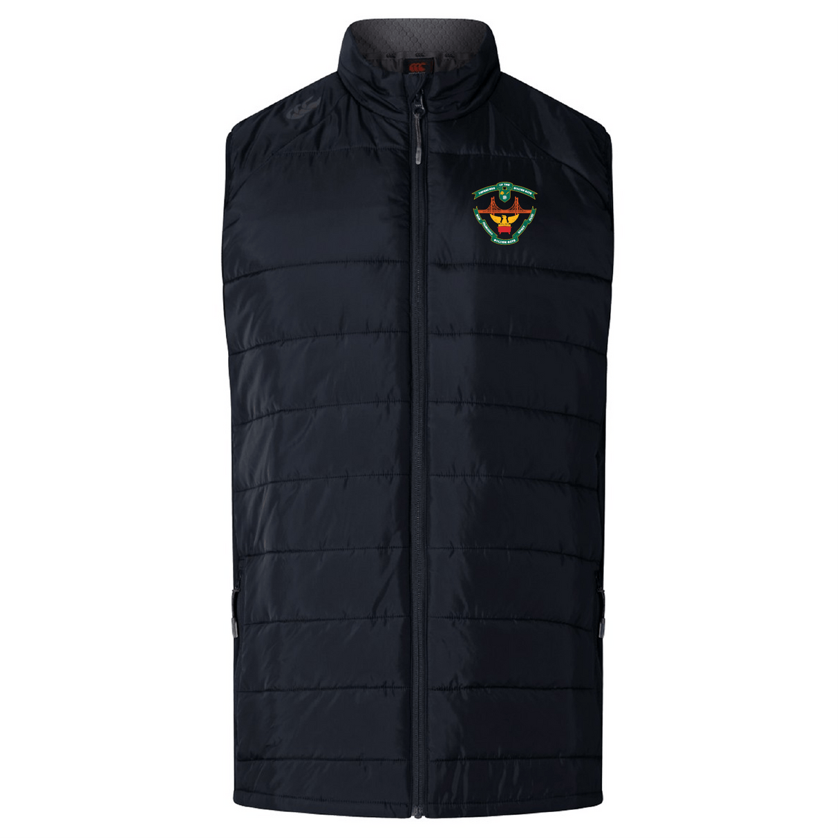 The San Francisco Golden Gate Women's Elite Microlite Gilet by EMB Canterbury, in black, features insulated baffles and a high collar. This padded vest offers a front zipper and colorful embroidered logo on the left chest, combining style with warmth.