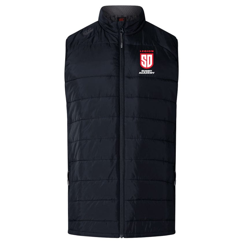 The San Diego Legion Rugby Academy Women's Elite Microlite Gilet by Canterbury, from EMB Canterbury, features a high collar and front zipper with insulated baffles for enhanced warmth. It showcases the "LEGION SD ACADEMY" logo on the upper left side and incorporates sleek Thermoreg technology.