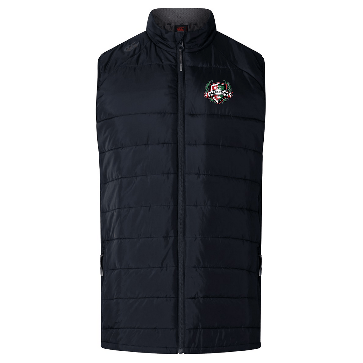 The NOVA Barbarians Women's Elite Microlite Gilet by Canterbury, branded as EMB Canterbury, is black with insulated baffles for warmth. It features a high collar, front zipper, and a logo on the left chest with a green wreath and red banner—ideal for style and comfort.