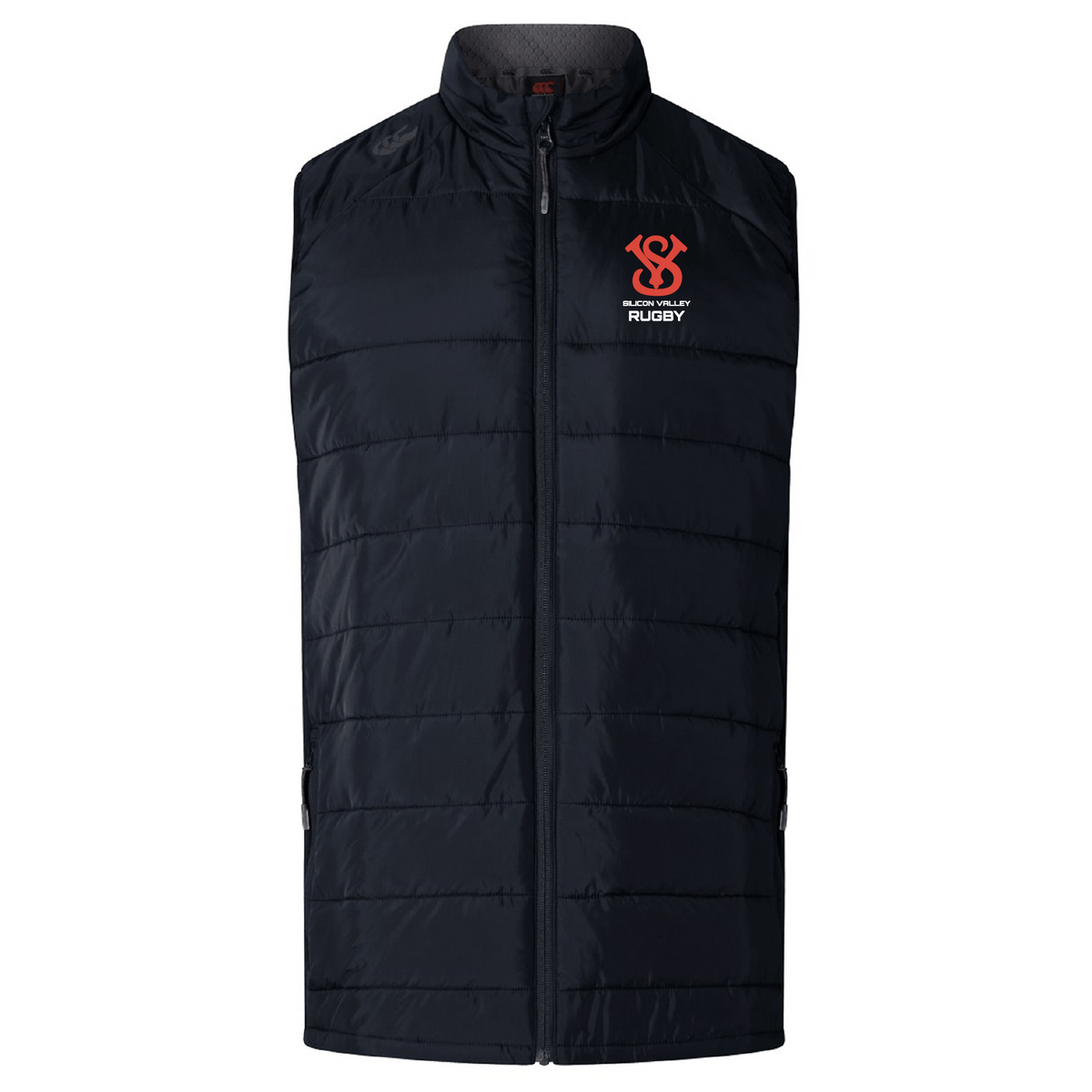 The Silicon Valley Women's Elite Microlite Gilet by EMB Canterbury is a dark blue, sleeveless gilet featuring Thermoreg technology with insulated baffles for warmth. It displays a red EMB Canterbury logo and the word "Rugby" on the upper left side.