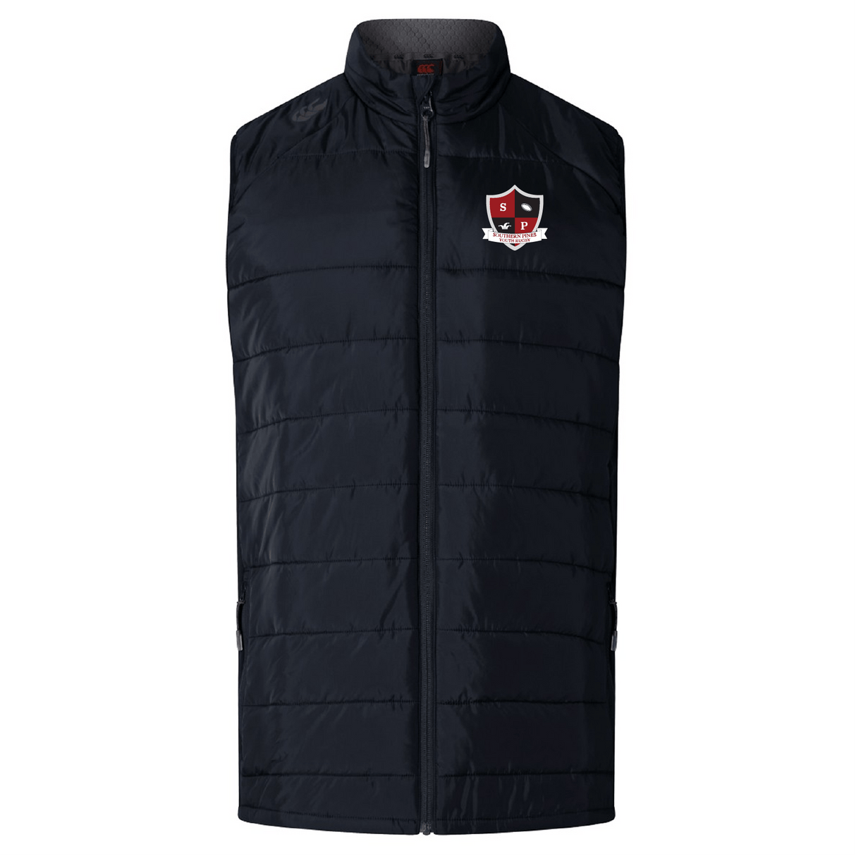 The Southern Pines Youth Rugby Elite Microlite Gilet by EMB Canterbury is a sleeveless dark navy piece with insulated baffles, featuring a high collar and a shield emblem with "S" and "P" on the upper left side for women.