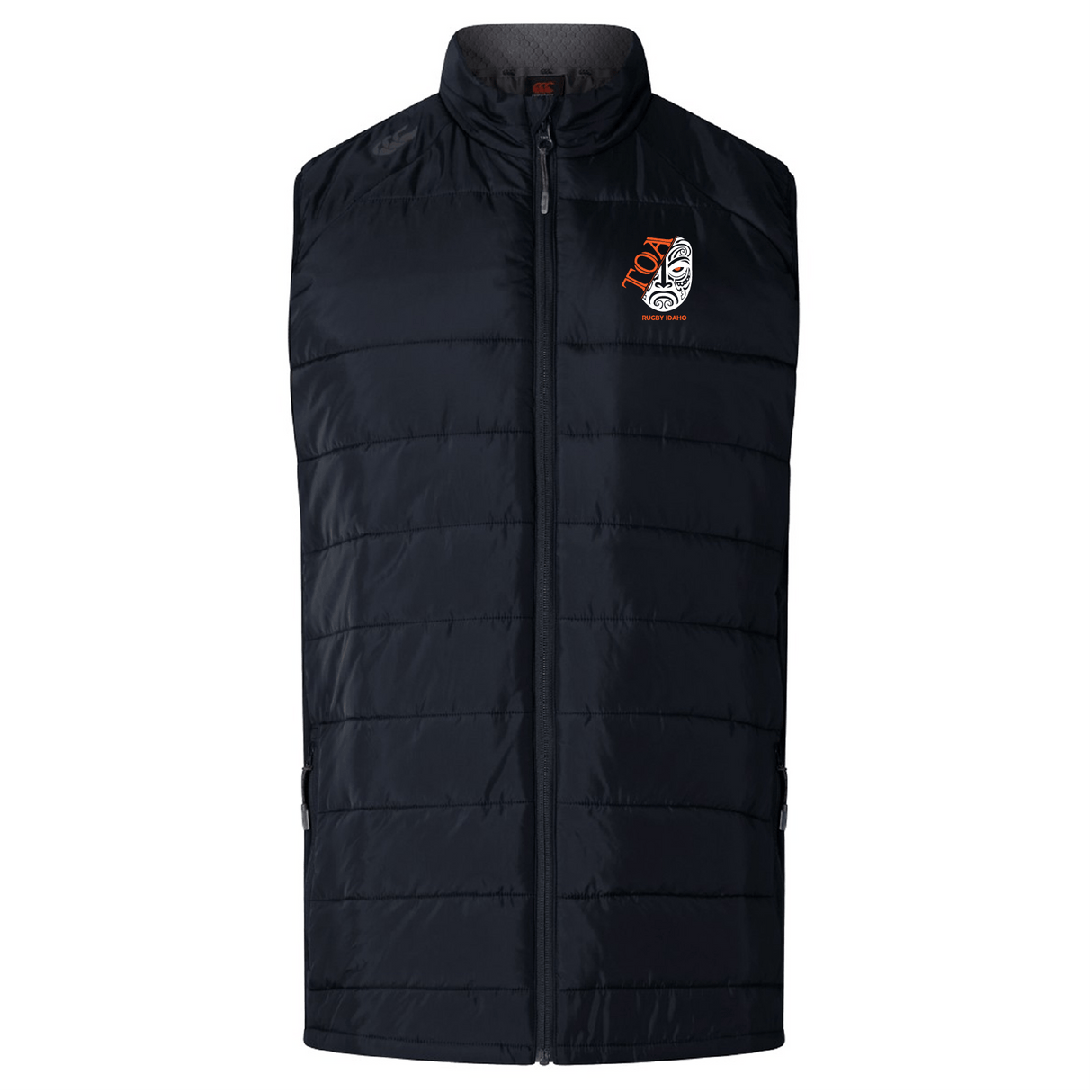 The EMB Canterbury Toa Rugby Idaho Women's Elite Microlite Gilet is a black gilet with insulated baffles and features a logo of a soccer ball with "FFC" and "1879" on the upper left chest.