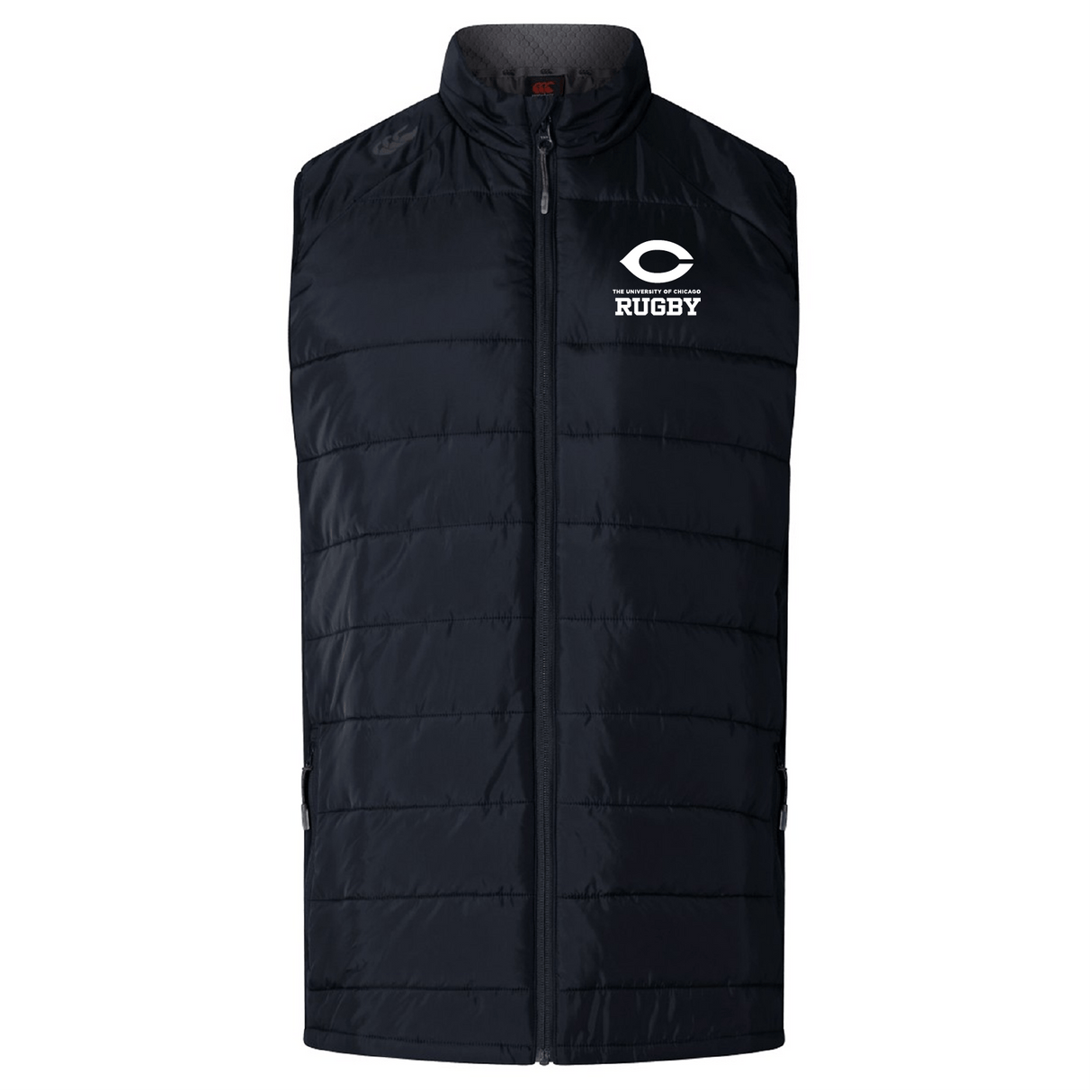 Navy University of Chicago Women's Elite Microlite Gilet by EMB Canterbury, featuring a zip-up front, insulated baffles, and an upper left "Rugby" logo.