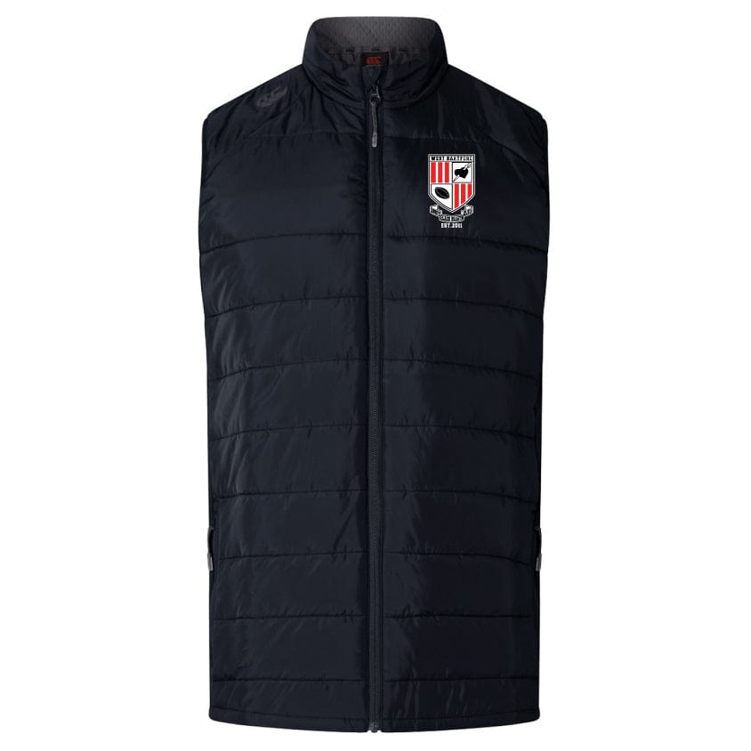 The West Hartford Rugby Women's Elite Microlite Gilet by EMB Canterbury is a black quilted vest with insulated baffles, high collar, and zipper closure, featuring an embroidered logo in red, white, and black on the left chest.