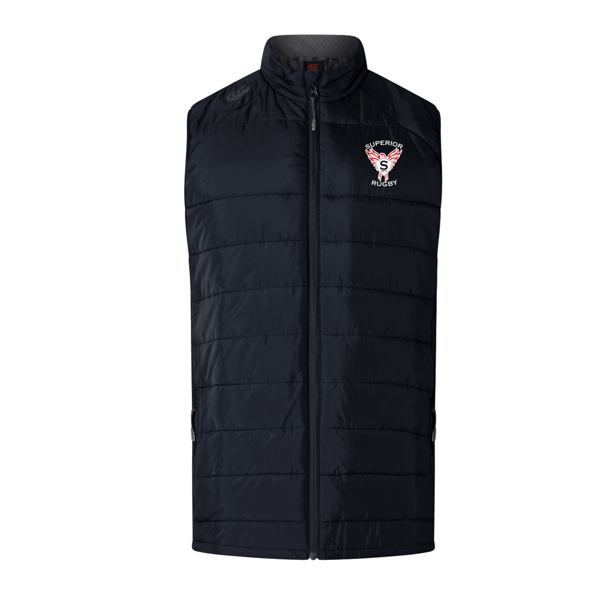 The Superior Rugby Club Elite Microlite Gilet by EMB Canterbury is a black quilted insulated sports vest with a front zipper and "SUPERIOR RUGBY" logo on the left chest, designed for comfort and warmth.