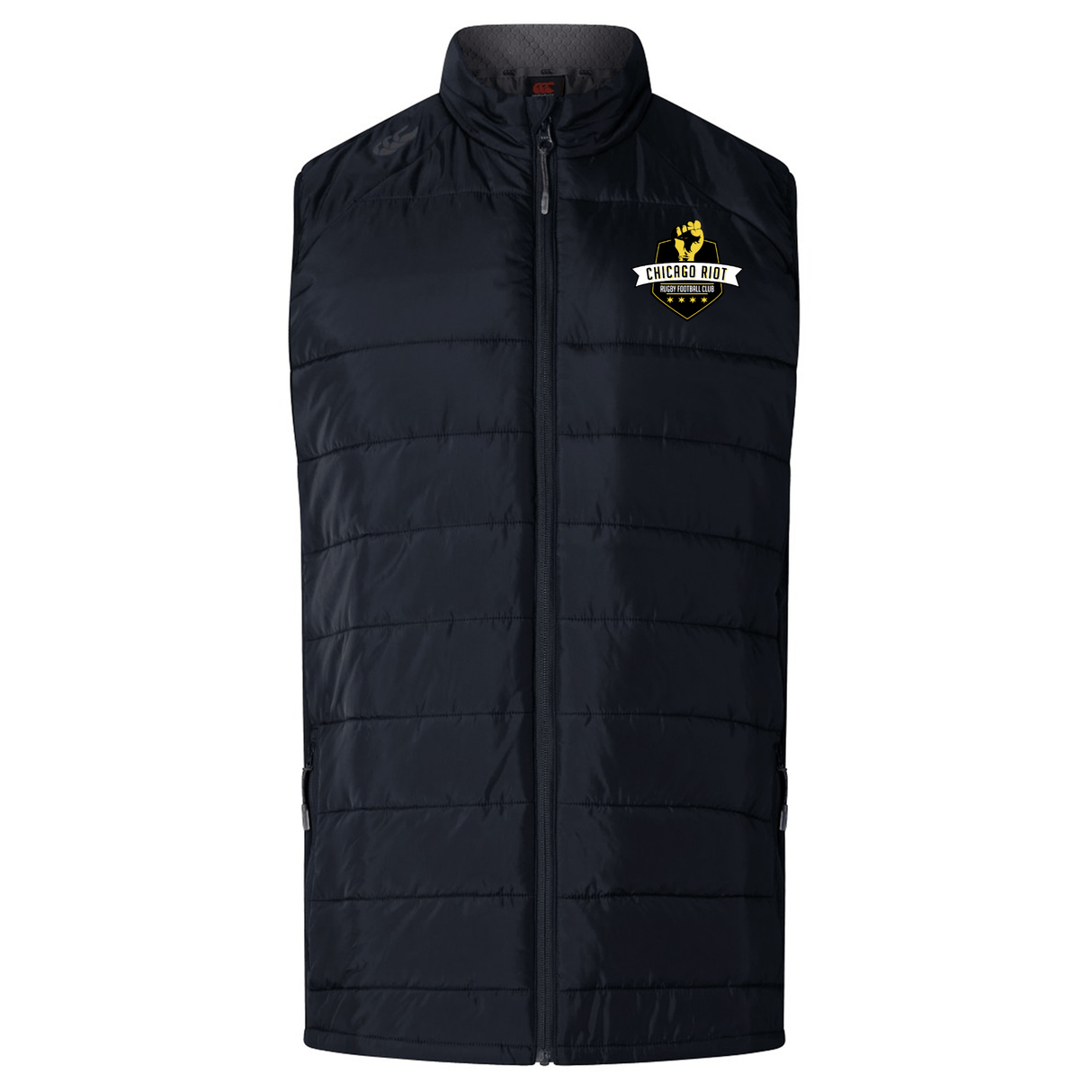 The EMB Canterbury Chicago Riot Elite Microlite Gilet is a black, lightweight padded vest with a zip front and left chest yellow flame football logo, offering style and warmth for fans.