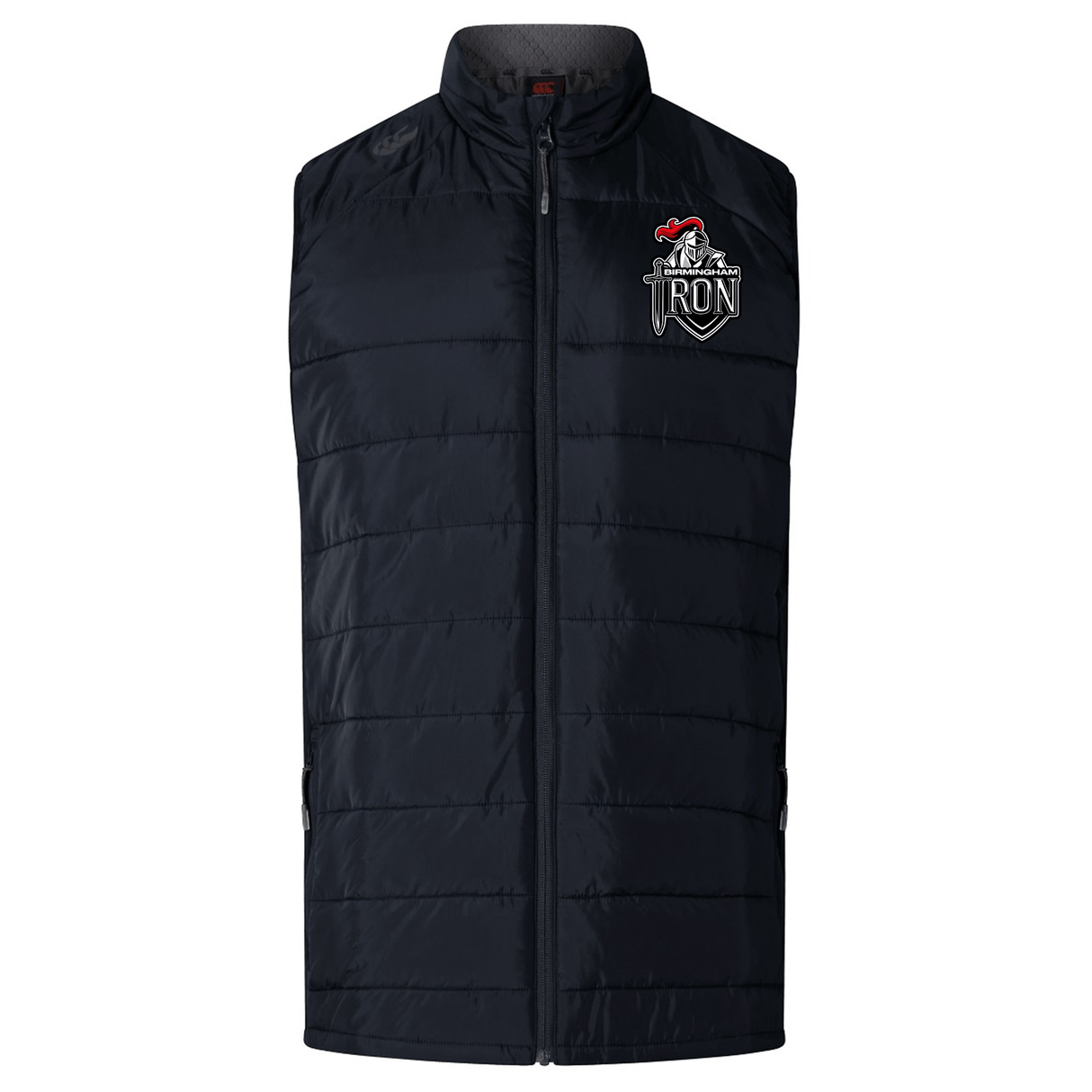 The Birmingham Iron Women's Football Elite Microlite Gilet by EMB Canterbury is a black, lightweight, insulated vest featuring the IRON logo with a knight and red flag on the left chest—perfect for comfort and style on any occasion.