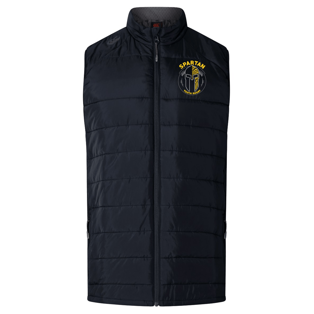 The Spartan Youth Rugby Elite Microlite Gilet by EMB Canterbury features a black quilted design, front zipper, and yellow Spartan helmet logo on the left chest. This lightweight padded vest offers comfort and style for any occasion.