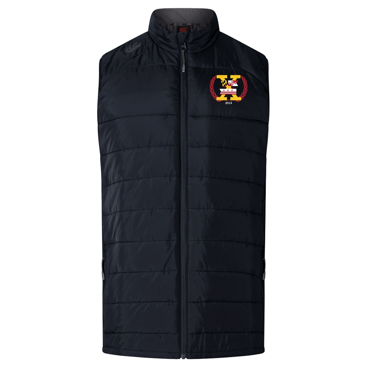 The Potomac Exiles Rugby Club Elite Microlite Gilet by EMB Canterbury is a black quilted, sleeveless vest featuring a zip front and a vibrant embroidered crest with "X" and "2014" on the left chest. This insulated hybrid gilet from Canterbury delivers lightweight padded warmth, making it a versatile and stylish layering piece.