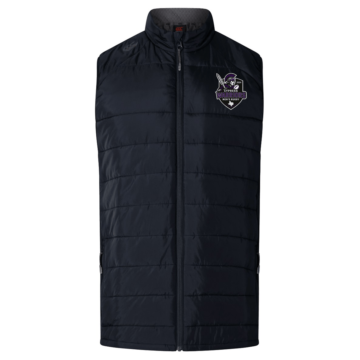 The Cypress Warriors Men's Rugby Elite Microlite Gilet by EMB Canterbury is a black, sleeveless padded vest with a front zipper and a purple, white, and black embroidered logo on the left chest—offering style and comfort.