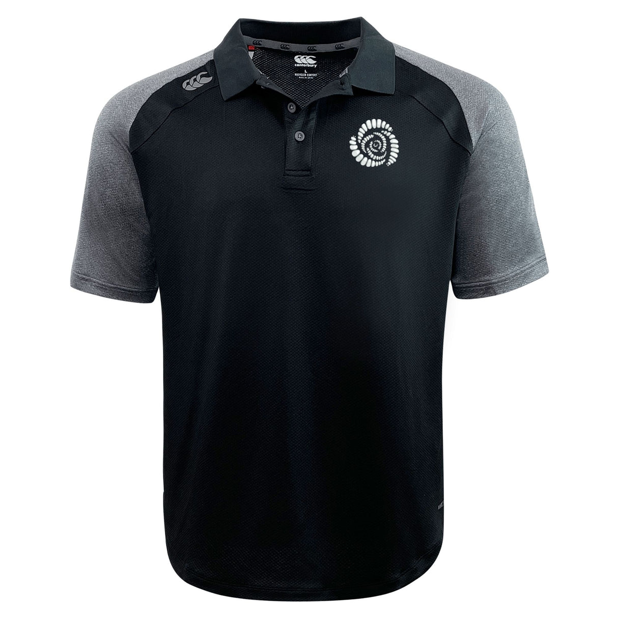 The Missoula All-Maggots Elite Polo by EMB Canterbury features black and gray short sleeves, a buttoned collar, a small white logo on the left chest, and "Canterbury" branding on the right shoulder. Crafted with Vapodri fabrics for lightweight comfort and style, this polo is ideal for everyday wear.